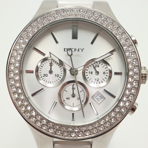 DKNY Broadway White Ceramic Chronograph Watch 43mm Silver Date w New Battery - Picture 6 of 14